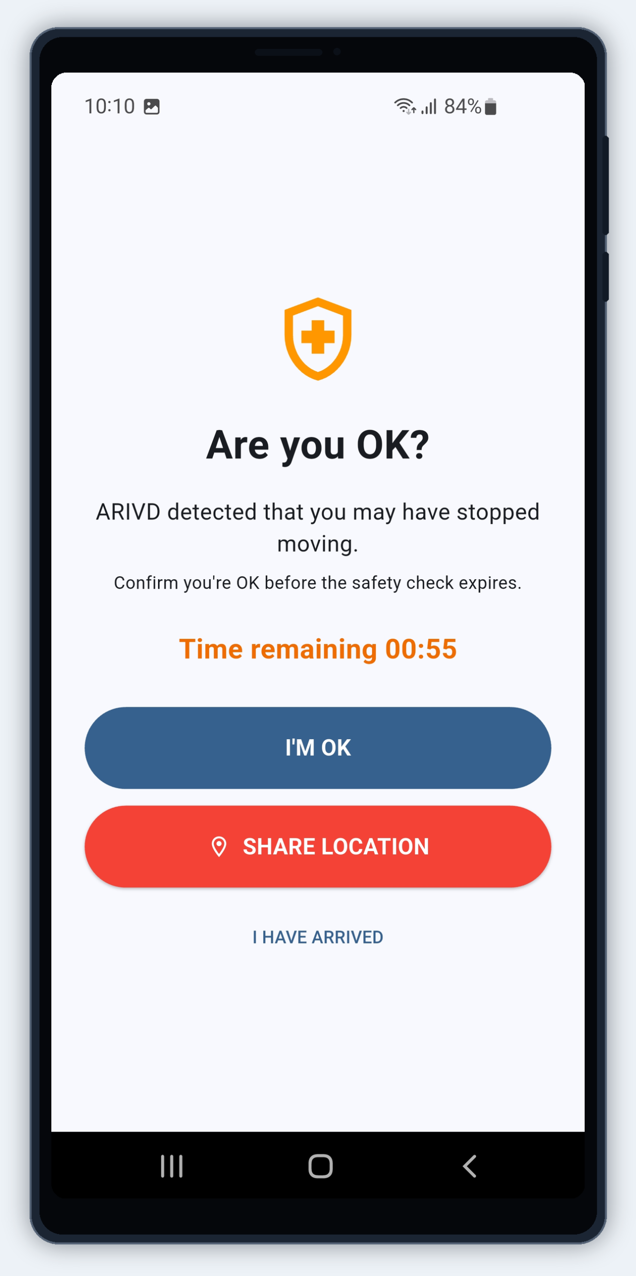 ARIVD app 'Are You Ok' check screen